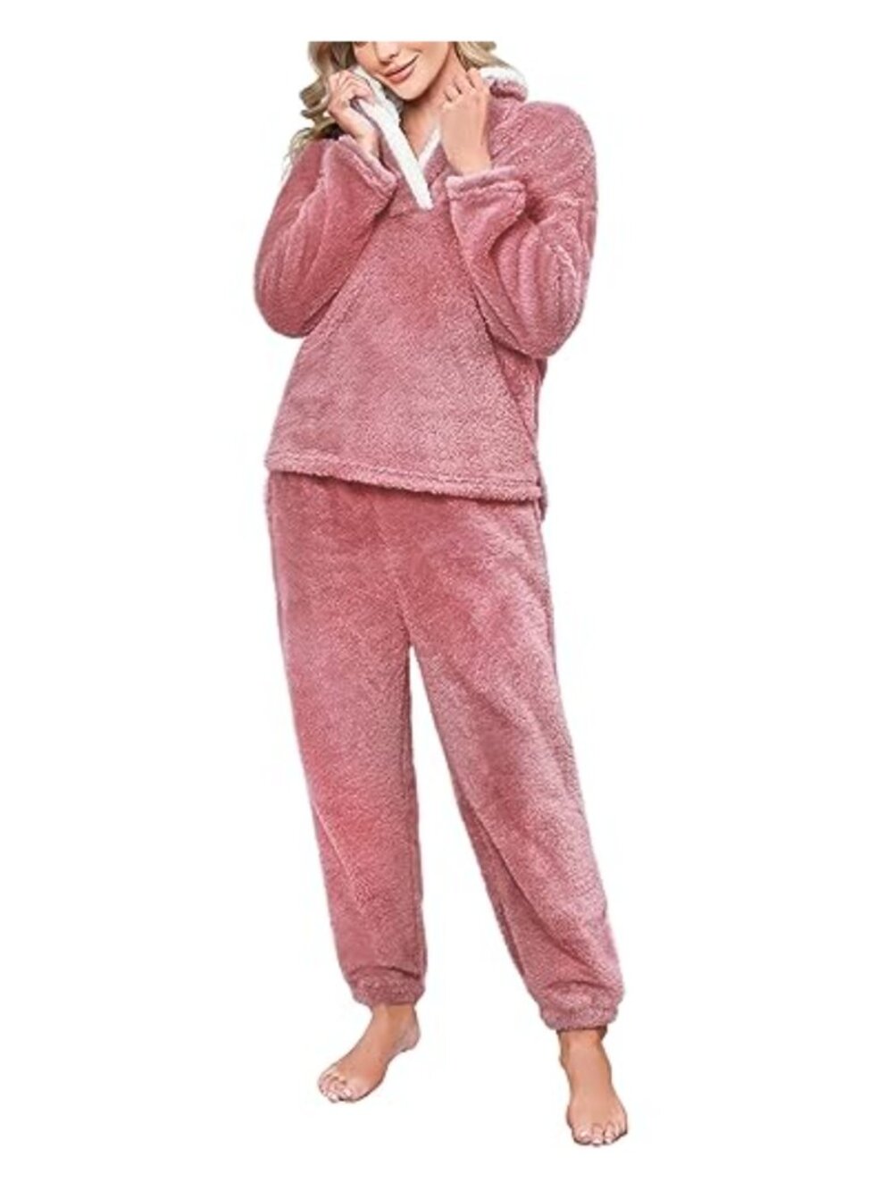 Women Fleece Pajama Set Winter Warm Fluffy Pullover Pant Cozy Plush